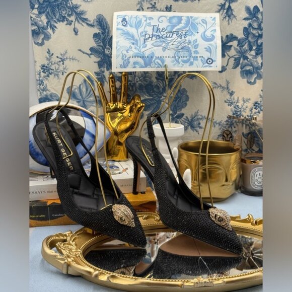 🆕 KURT GEIGER LONDON 🧿 NWOB Belgravia Black Crystal Sling Back Heel, Sz 38 7.5 - Picture 2 of 16